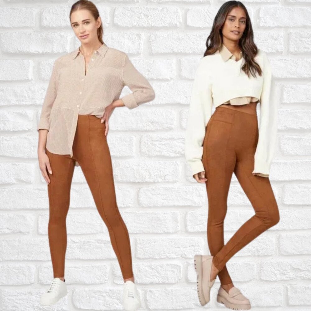 NWT Spanx Faux Suede Leggings 1X Caramel Brown High Rise Shaping Slim Fit PullOn